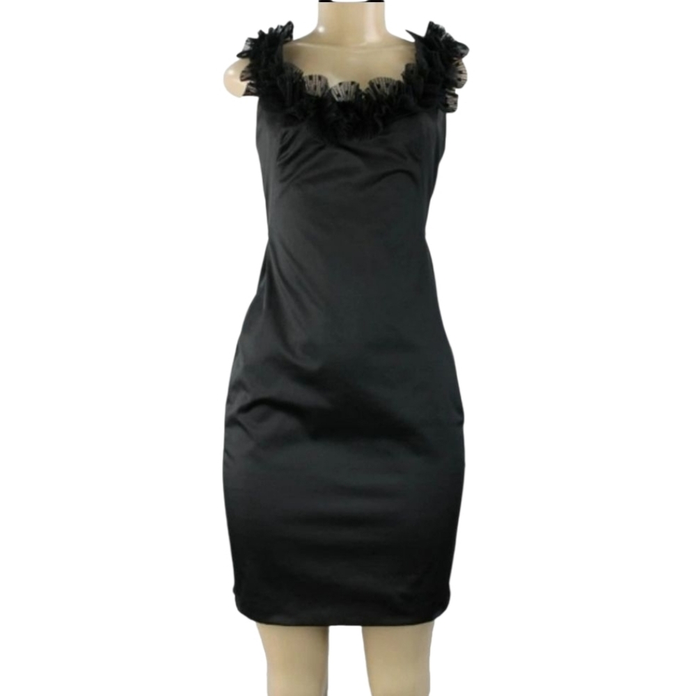 Maggy London Womens 12p Black Satin Mesh Ruffle Scoopneck Dress Formal Party
